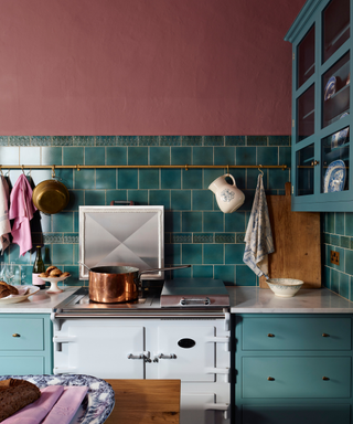 A blue and red Shaker kitchen
