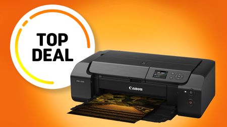 Canon PRO-200S printer showcased against an orange background with a "Top Deal" badge, displaying a printed photo emerging from it