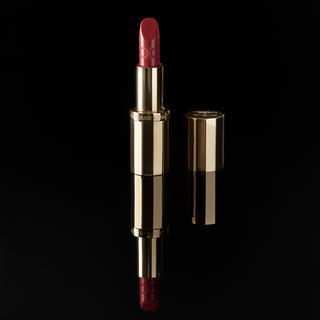 a tube of red celine lipstick in front of a black reflective backdrop