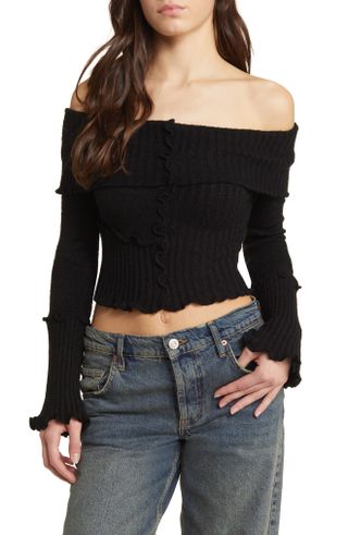 Patchwork Rib Off the Shoulder Crop Sweater