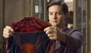 Spider-Man Tobey Maguire looking at his suit in the apartment