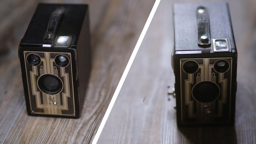 A photo of a vintage box camera taken under different lighting conditions