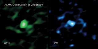 These images of the interstellar Comet 2I/Borisov show an unusually high amount of carbon monoxide gas (right) as well as hydrogen cyanide gas (left). These images were taken by the ALMA radio telescope in Chile.