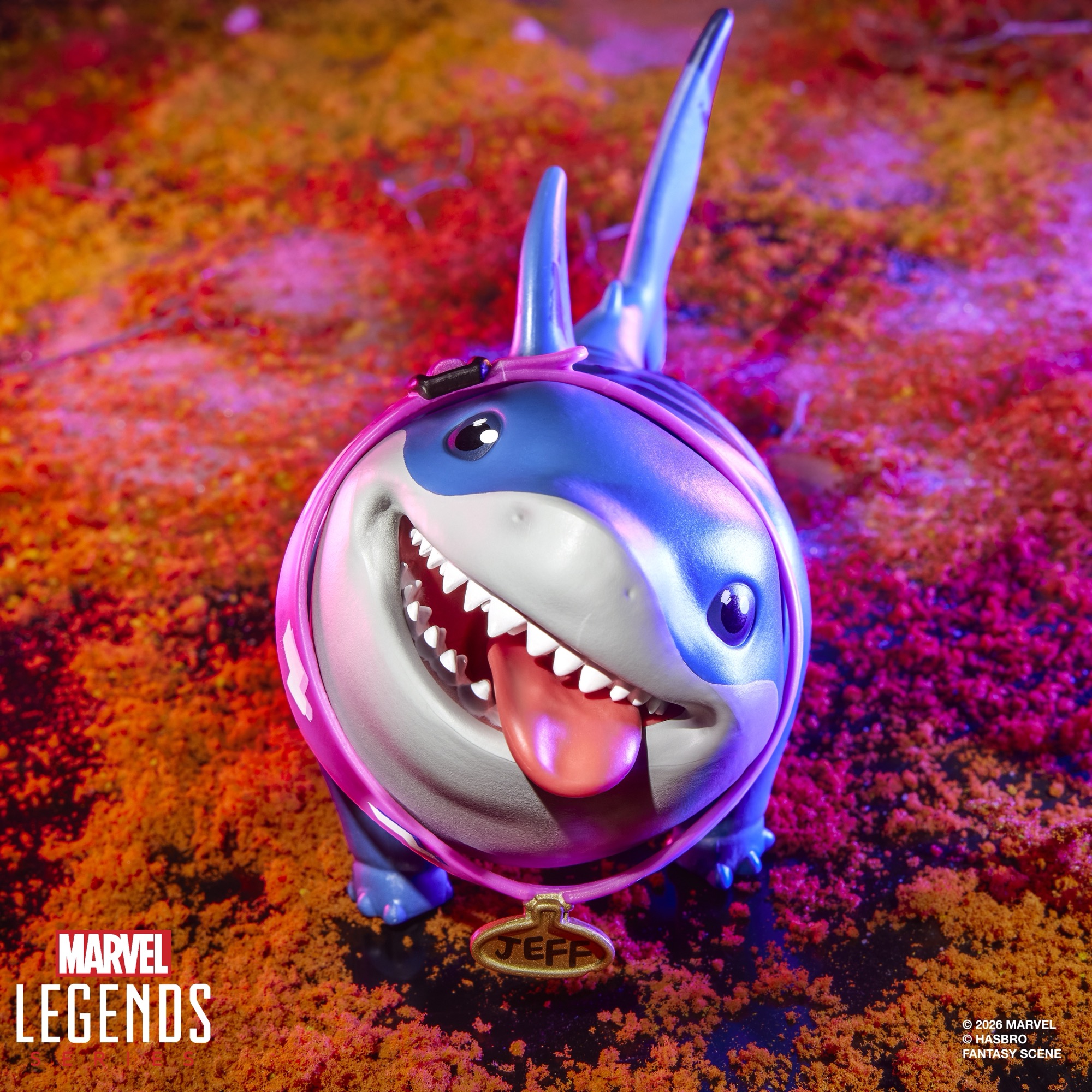Marvel Rivals Jeff the Land Shark action figure posed against a colorful background