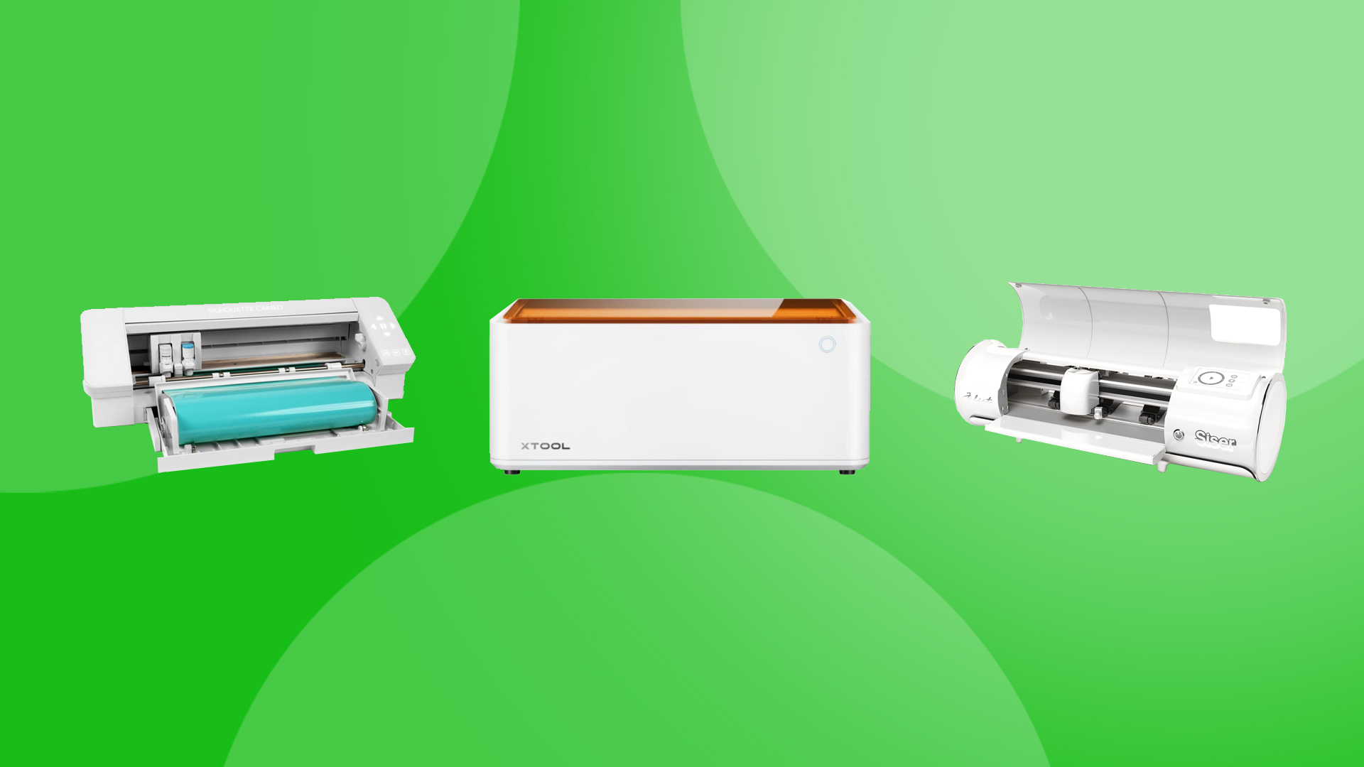 Best Cricut alternatives: three white craft cutting machines on a green background.