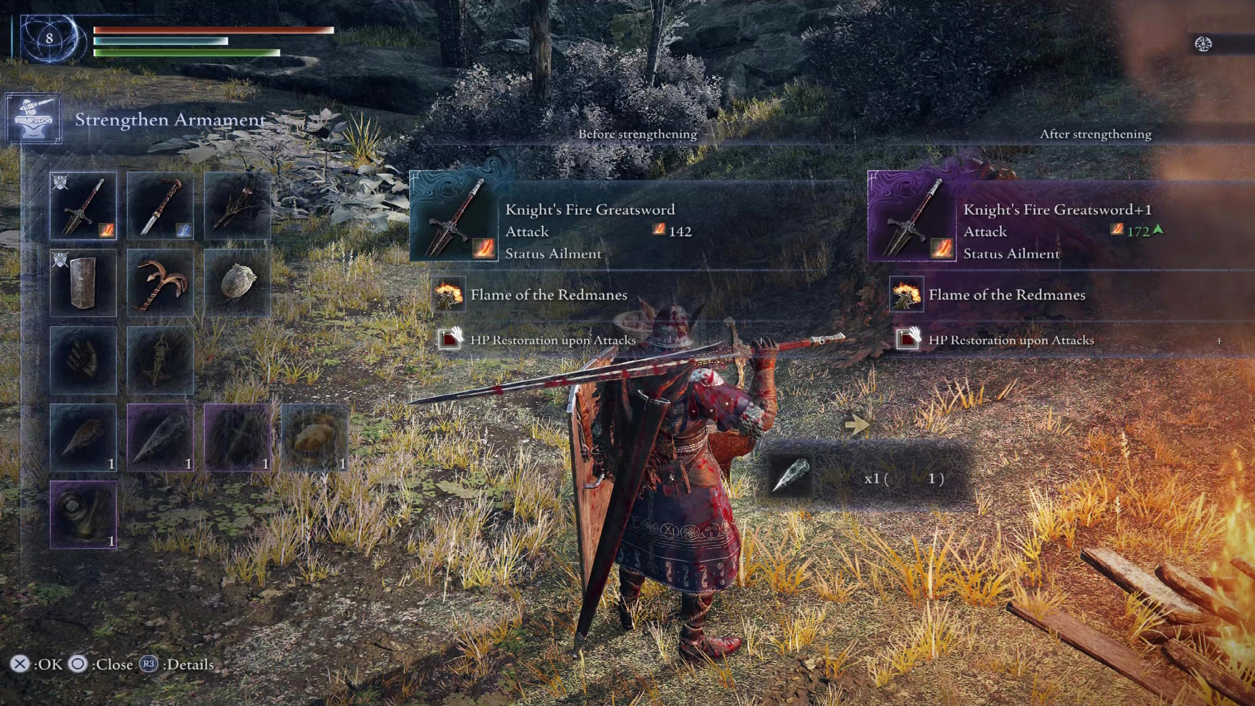 Elden Ring Nightreign Wylder build: Upgrading a fire-based greatsword to purple-quality at an anvil in a campsite.