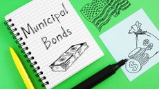 "Municipal bonds" is written in a notebook, with drawn pictures of cash and coins on a bright green background.
