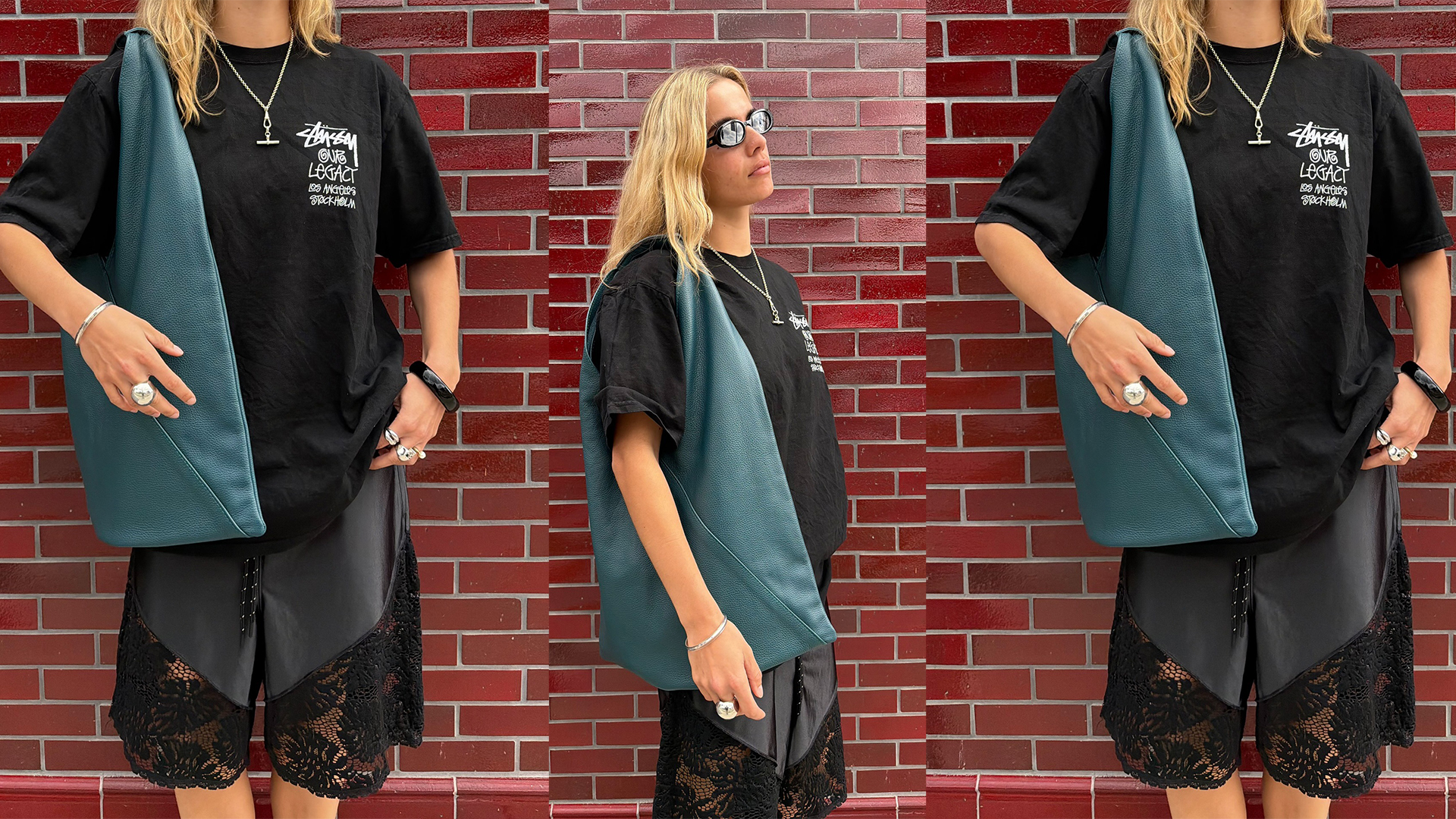 Torivan wears all black outfit, silver accessories, and a teal blue leather tote