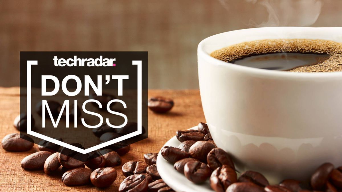 A sign saying &quot;Don&#039;t Miss&quot; next to a coffee cup surrounded by coffee beans