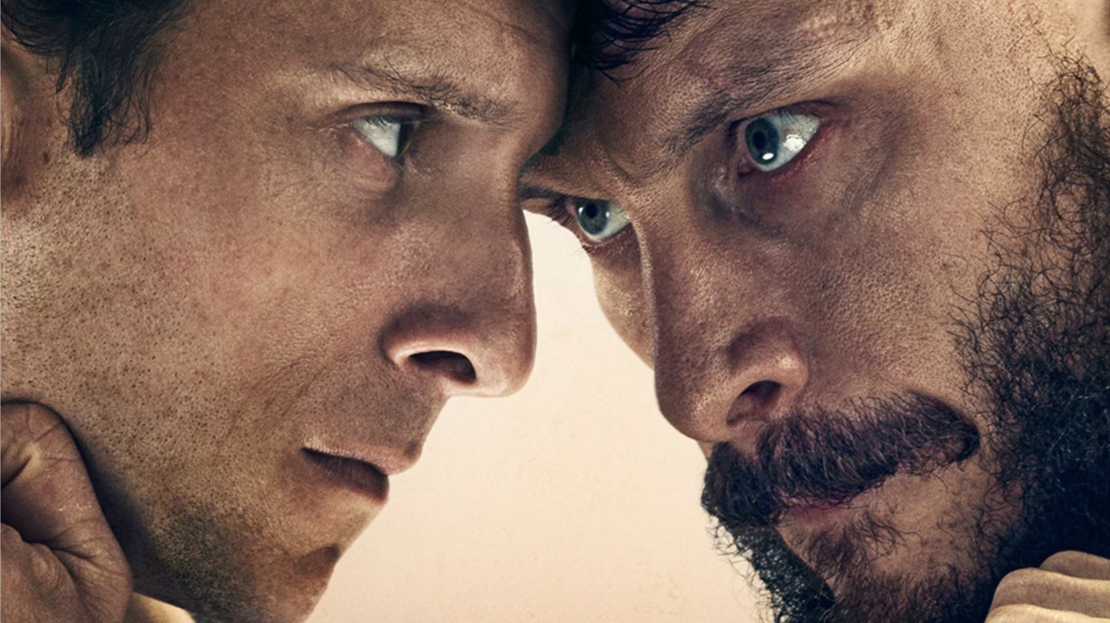 Richard Gadd and Jamie Bell eye-to-eye in an intense shot from TV drama Half Man, streaming for free on TVNZ 
