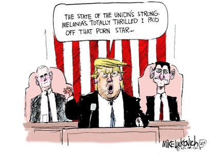 Political cartoon U.S. Trump State of the Union Melania affair allegations