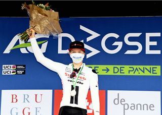 Lorena Wiebes of Team Sunweb celebrates on the podium after winning the womens elite stage of the Driedaagse Brugge De Panne cycling race 156km from Brugge to De Panne Tuesday 20 October 2020 BELGA PHOTO ERIC LALMAND Photo by ERIC LALMANDBELGA MAGAFP via Getty Images