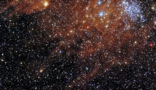 The Hubble Space Telescope captured this view of the open cluster KMHK 1231 in the Large Magellanic Cloud. 