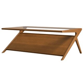 wooden coffee table with a glass top and a slanted storage shelf underneath