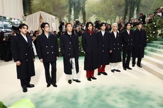 Changbin, Lee Know, I.N, Hyunjin, Seungmin, Felix, Han and Bang Chan of Stray Kids attend the Met Gala 2024 for the first time