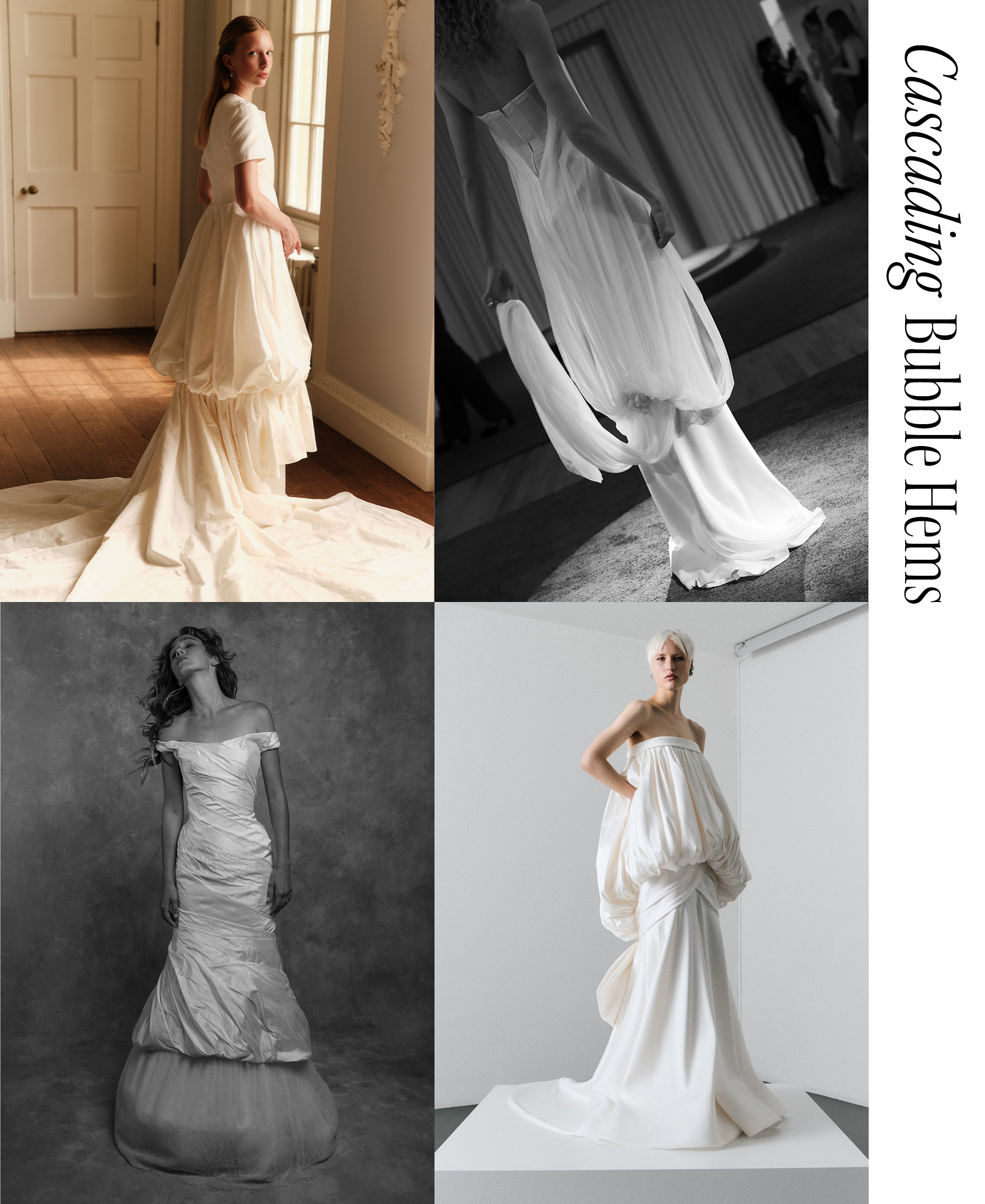 A collage of woman wearing bubble hem wedding gowns.