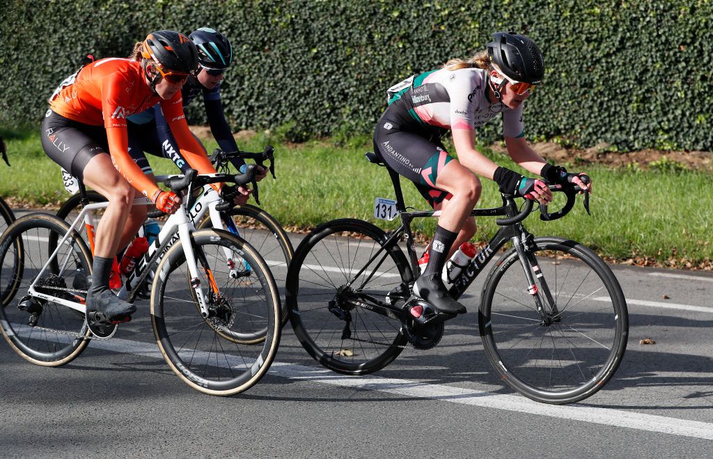 WEVELGEM BELGIUM OCTOBER 11 Leigh Ann Ganzar of The United States and Rally Cycling Team AnnSophie Duyck of Belgium and Team Lotto Soudal Ladies Breakaway during the 9th GentWevelgem In Flanders Fields 2020 Women Elite a 1414km race from Ieper to Wevelgem GentWevelgem FlandersClassic on October 11 2020 in Wevelgem Belgium Photo by Bas CzerwinskiGetty Images