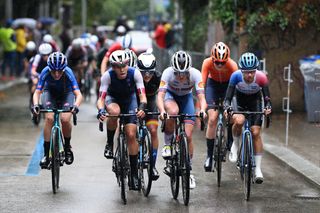 Riders compete during the junior women&#039;s road race at the 2024 UCI Road World Championahips