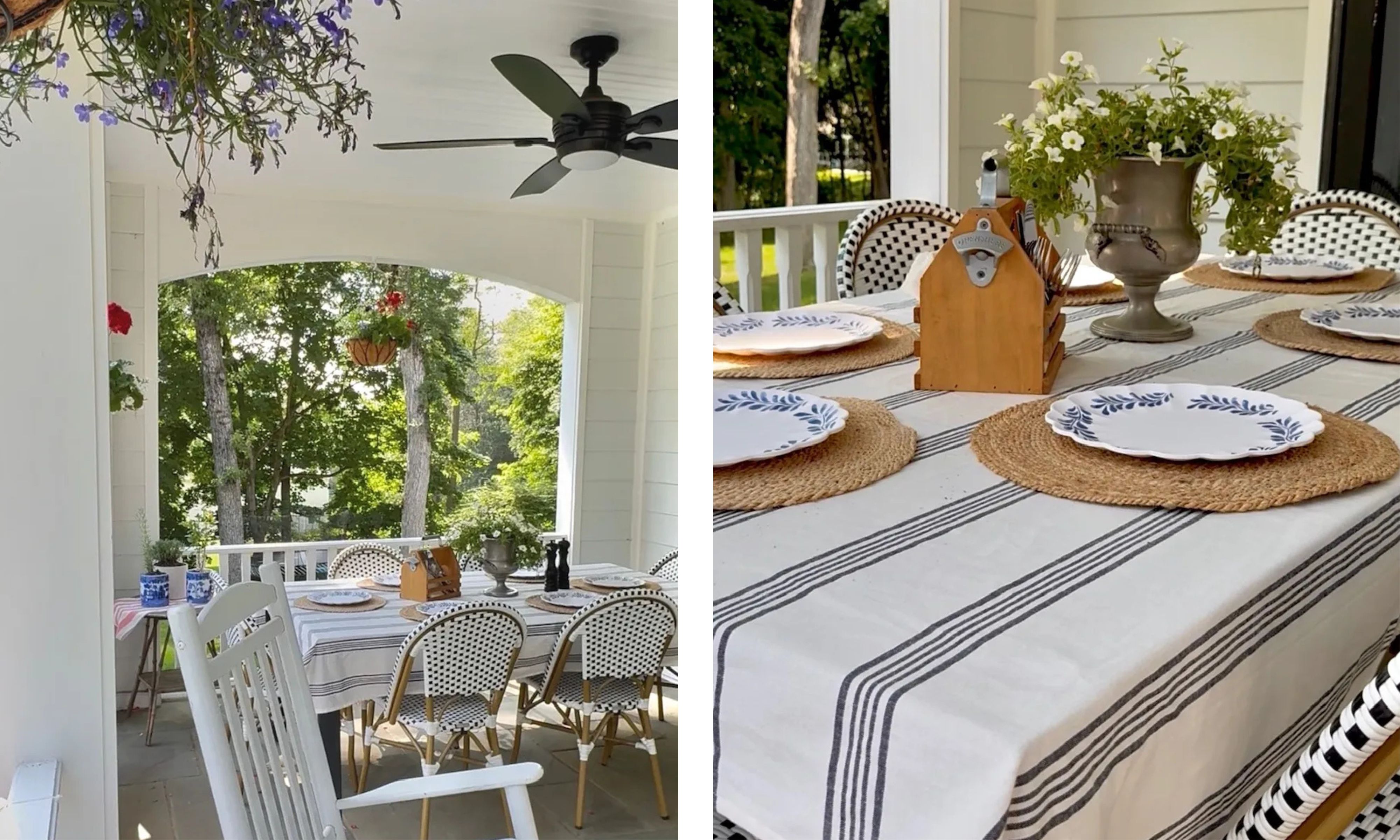 A porch dining set with a striped tablecloth on the left; a close-up of blue-and-white plates on woven placemats with a wooden utensil caddy on the right.