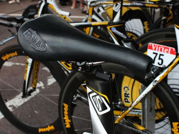 The Selle Italia Flite saddle on Grabsch's bike is cut down to meet UCI guidelines for setback.