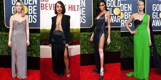 Four celebrities pose on the red carpet in sexy dresses.