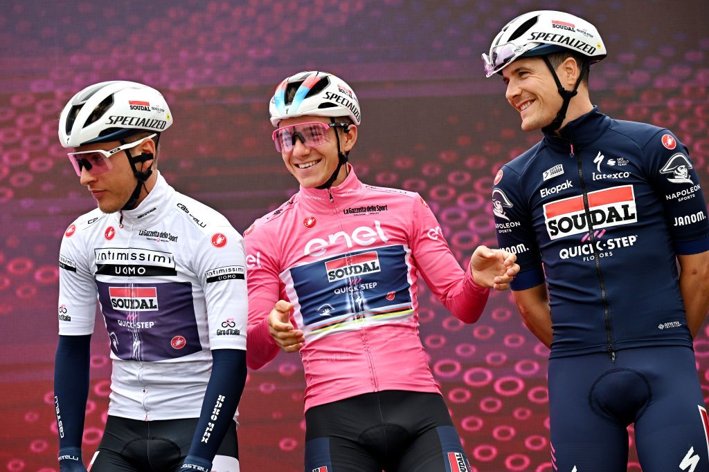 VENOSA ITALY MAY 09 LR Ilan Van Wilder of Belgium White best young jersey and Remco Evenepoel of Belgium and Team Soudal Quick Step Pink Leader Jersey and Louis Vervaeke of Belgium and Team Soudal Quick Step prior to the 106th Giro dItalia 2023 Stage 4 a 175km stage from Venosa to Lago Laceno 1059m UCIWT on May 09 2023 in Venosa Italy Photo by Stuart FranklinGetty Images
