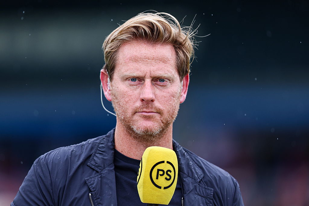 Former Heart of Midlothian midfielder and pundit Michael Stewart during a Premier Sports Cup group stage match between Stirling Albion and Heart of Midlothian at Forthbank Stadium, on July 19, in Stirling, Scotland.