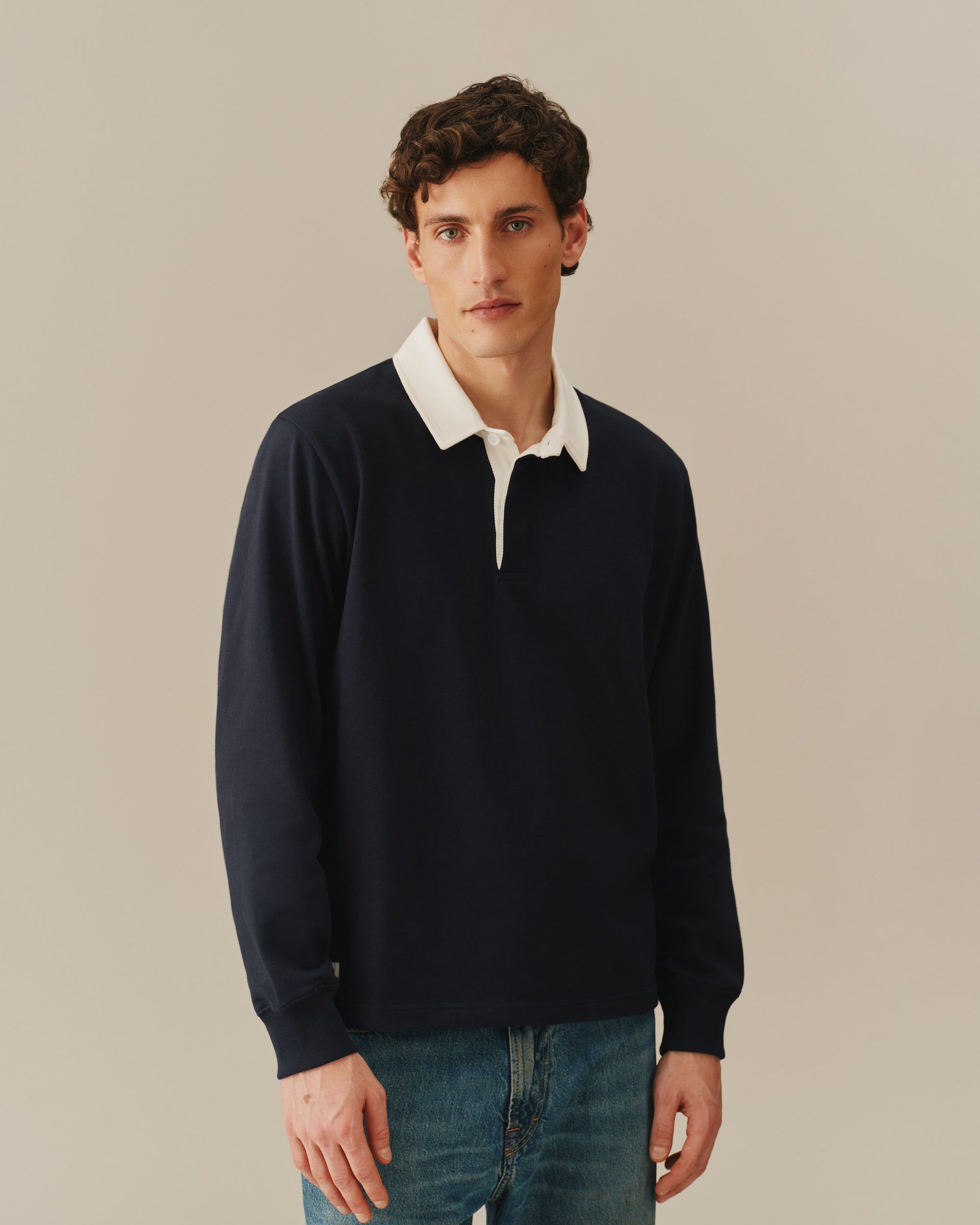 Cotton Contrast Collar Rugby Navy - Navy / Xs