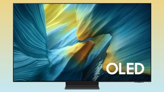 The Samsung S95F QD-OLED TV displaying a colorful, abstract image