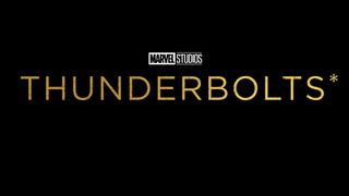 The new logo for Marvel's Thunderbolts movie written in yellow text on a black background