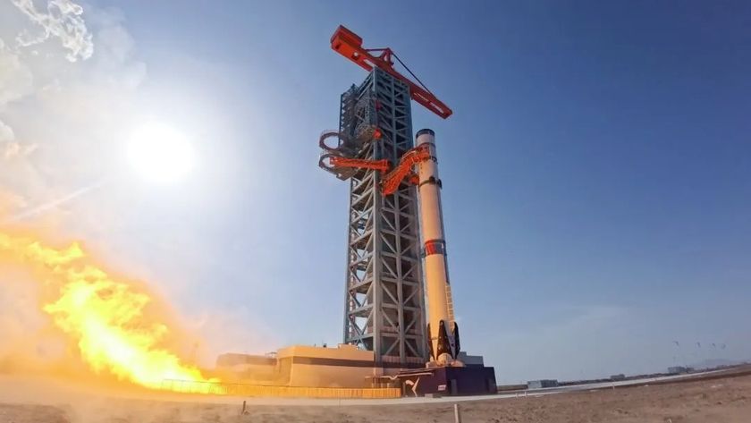 The Chinese company Landspace conducts a static fire test with its reusable Zhuque-3 rocket on Oct. 20, 2025.