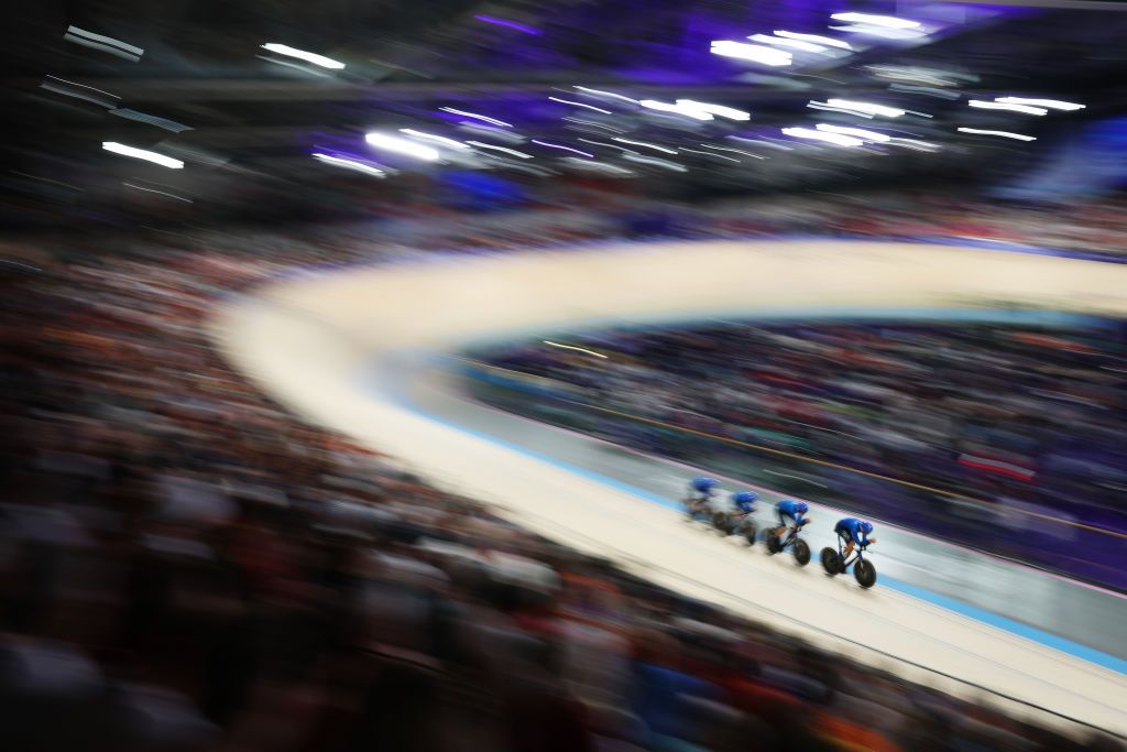 PARIS FRANCE AUGUST 06 Simone Consonni Filippo Ganna Francesco Lamon and Jonathan Milan of Team Italy compete during the Mens Team Pursuit First Round on day eleven of the Olympic Games Paris 2024 at SaintQuentinenYvelines Velodrome on August 06 2024 in Paris France Photo by Jared C TiltonGetty Images