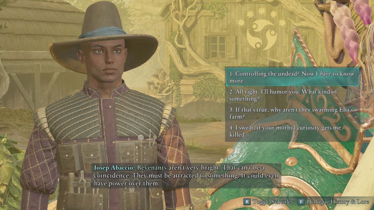 A screenshot showing some of your first dialogue options with Josep in Avowed.
