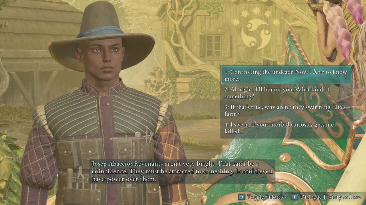 A screenshot showing some of your first dialogue options with Josep in Avowed.
