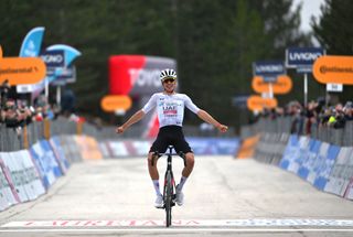 FRONTIGNANO, ITALY - MARCH 15: Juan Ayuso Pesquera of Spain and UAE Team Emirates XRG - White Best Young Rider Jersey celebrates at finish line as stage winner during the 60th Tirreno-Adriatico 2025, Stage 6 a 163km stage from Cartoceto to Frontignano 1324m / #UCIWT / on March 15, 2025 in Frontignano, Italy. (Photo by Tim de Waele/Getty Images)