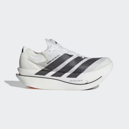The Adidas Adizero Adios Pro Evo 3 carbon-plate running shoe in white and black