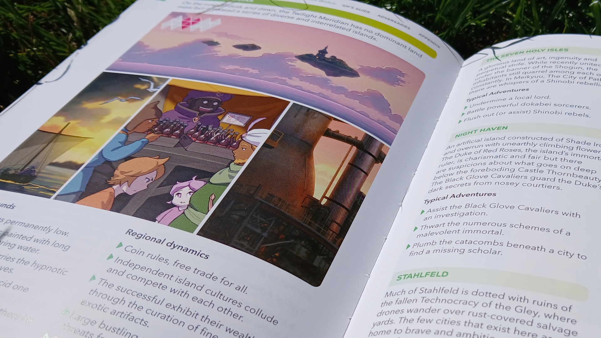 Open Break!! rulebook on a patch of grass, with anime illustrations divided into boxes