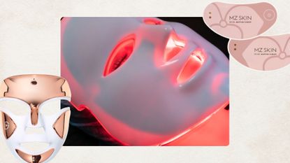 A close-up picture of someone wearing a red light therapy mask device on their face, alongside two product images of popular at-home devices including the Dr Dennis Gross DRx SpectraLite FaceWare Pro and MZ Skin LightMAX Minipro LED, on a cream template
