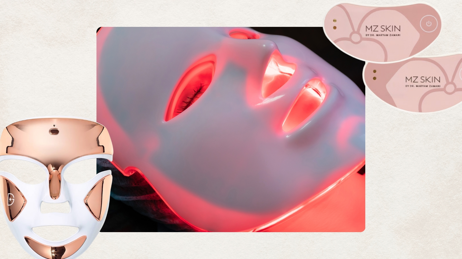 A close-up picture of someone wearing a red light therapy mask device on their face, alongside two product images of popular at-home devices including the Dr Dennis Gross DRx SpectraLite FaceWare Pro and MZ Skin LightMAX Minipro LED, on a cream template