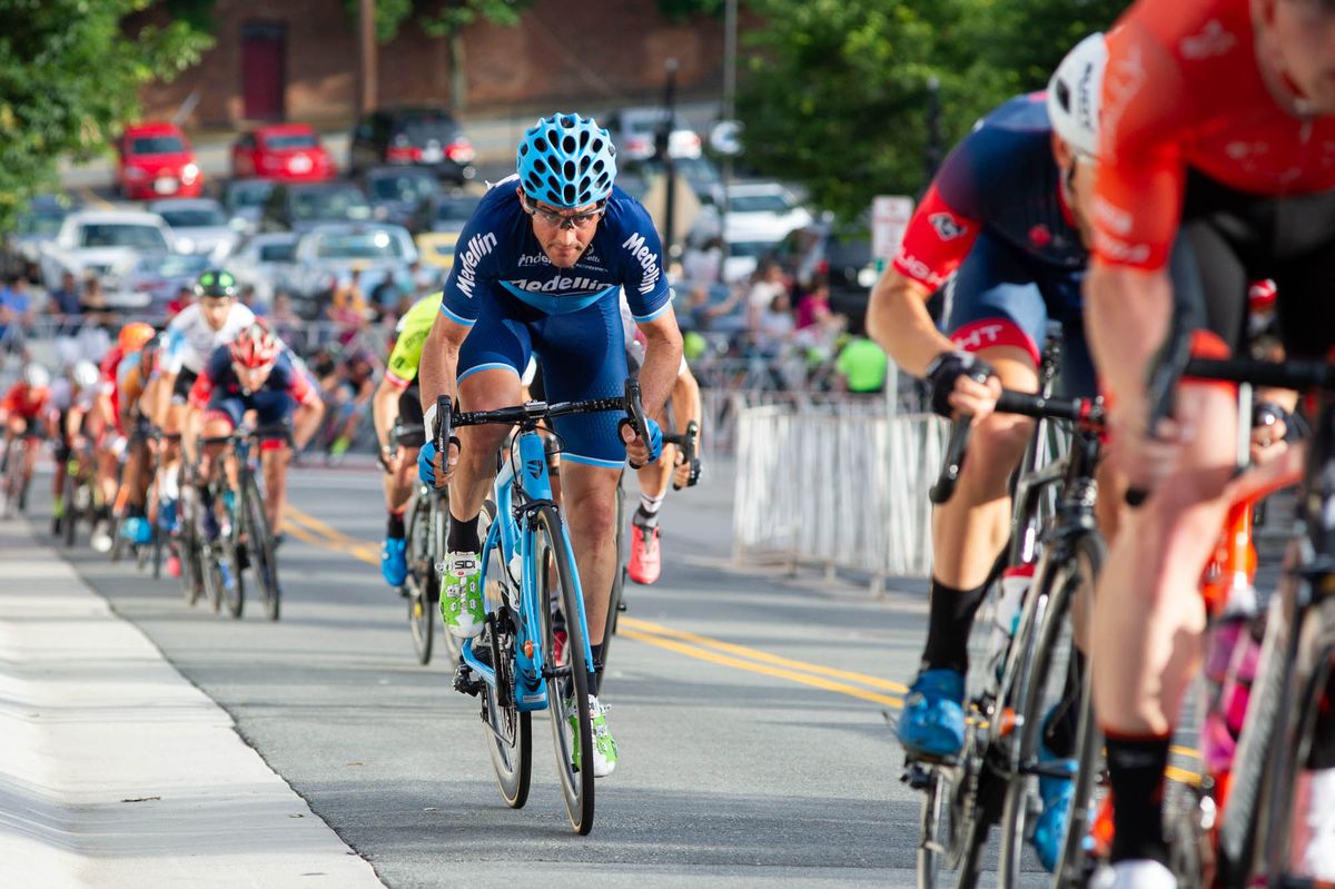 Riders fight to keep up on the climb at the criterium