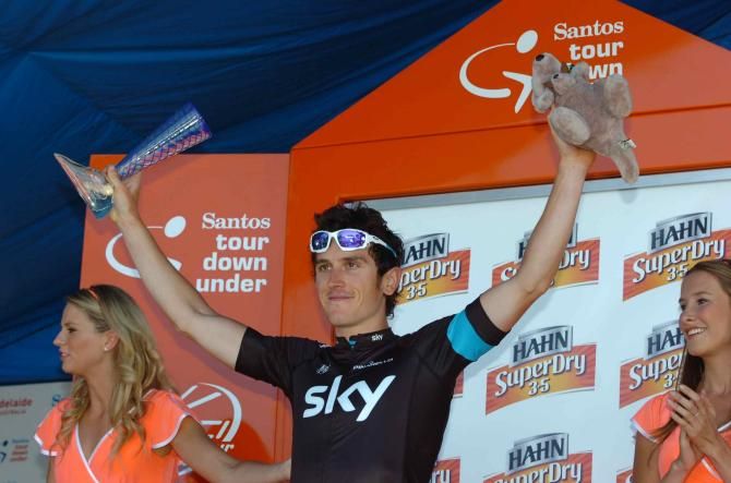 Geraint Thomas (Sky) takes to the stage after proving strongest up Corkscrew Road