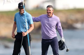 Cam Davis and Justin Rose celebrate on the 18th hole at Pebble Beach