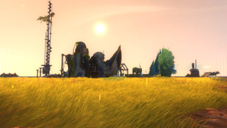 An example of WIldstar's player housing, a small home in a lush green field.