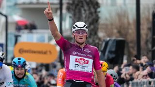Mathieu Van Der Poel of the Netherlands and Team Alpecin-Premier Tech celebrates at the finish line as the stage winner at the 61st Tirreno-Adriatico 2026, Stage 3, a 213 km stage from Tagliacozzo to Martinsicuro, on March 12, 2026, in Martinsicuro, Italy.