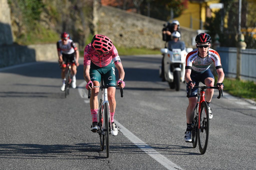 SAN MARINO ITALY MARCH 24 LR Simon Carr of United Kingdom and Team EF Education Easypost and Eddie Dunbar of Ireland and Team INEOS Grenadiers White Leader Jersey attack in the final climduring the 36th Settimana Internazionale Coppi e Bartali 2022 Stage 3 a 1471km stage from San Marino to San Marino 648m CoppieBartali on March 24 2022 in San Marino Italy Photo by Dario BelingheriGetty Images