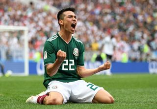 Hirving Lozano celebrates after scoring for Mexico against Germany at the 2018 World Cup.