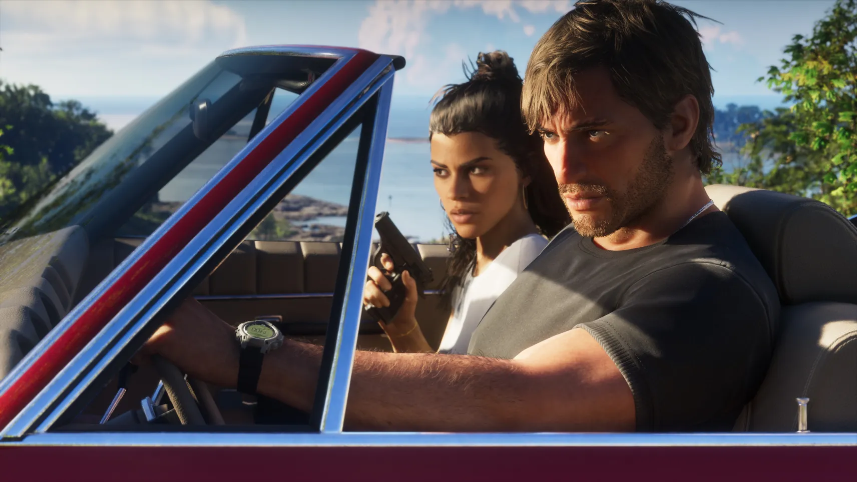 GTA 6 screenshot showing protagonists Lucia and Jason in a convertible. 