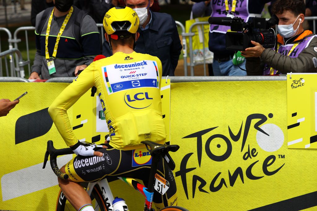 MRDEBRETAGNE GUERLDAN FRANCE JUNE 27 Julian Alaphilippe of France and Team Deceuninck QuickStep Yellow Leader Jersey at start during the 108th Tour de France 2021 Stage 2 a 1835km stage from PerrosGuirec to MrdeBretagne Guerldan 293m Interview Press Media LeTour TDF2021 on June 27 2021 in MrdeBretagne Guerldan France Photo by Tim de WaeleGetty Images