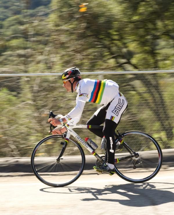 Evans heads down one of the hills on the ride.