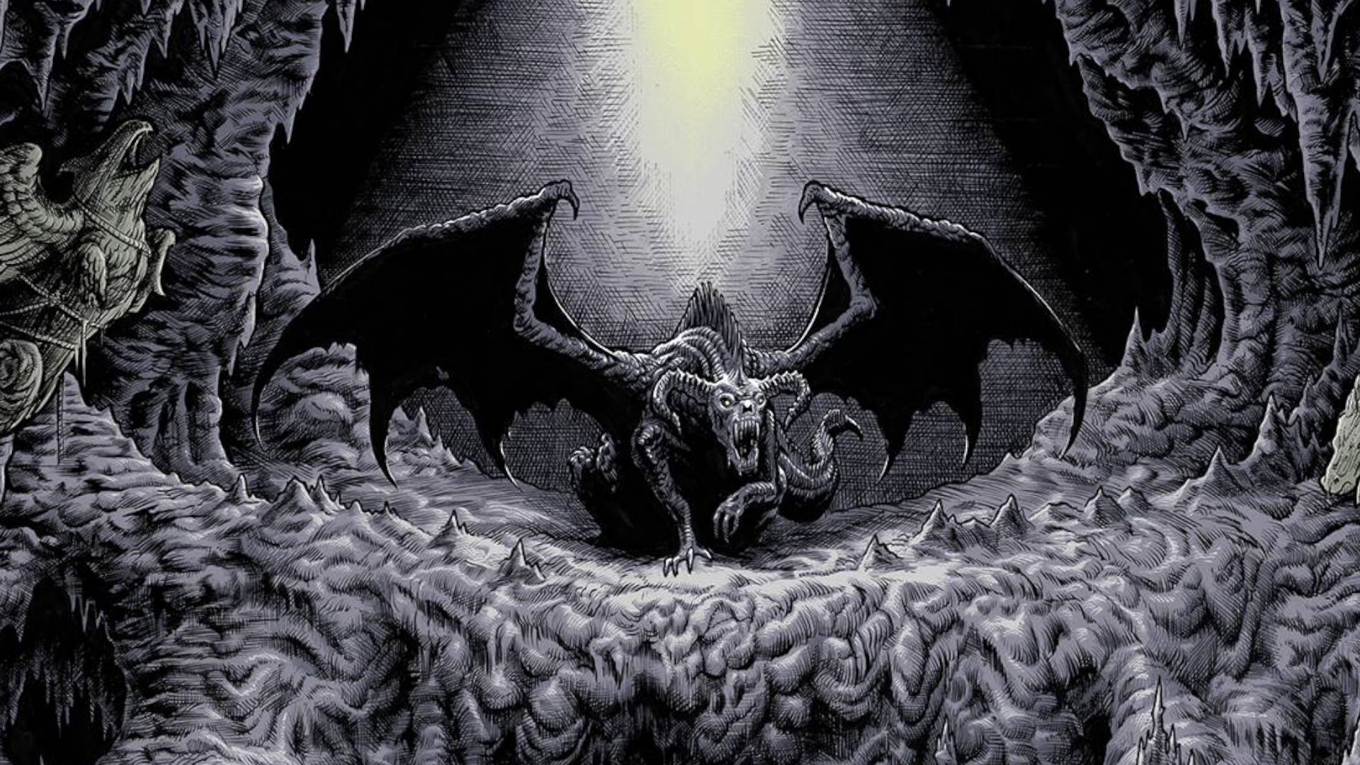 A black dragon roars in a monochromatic cave in artwork from Dragon Delves